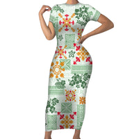 Hawaii Tapa Tribal Short Sleeve Bodycon Dress With Hawaiian Quilt Pattern Green - Wonder Print Shop