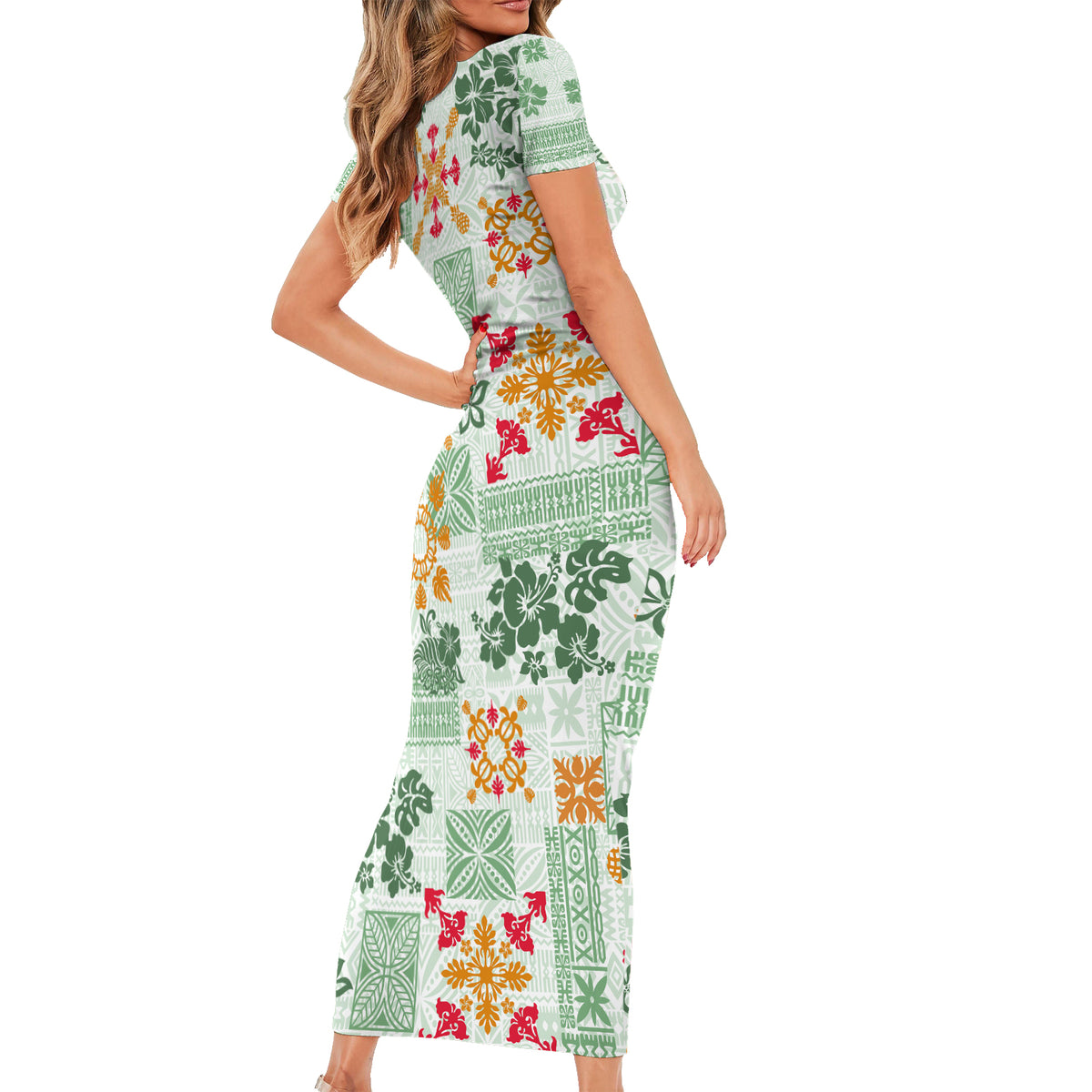 Hawaii Tapa Tribal Short Sleeve Bodycon Dress With Hawaiian Quilt Pattern Green - Wonder Print Shop