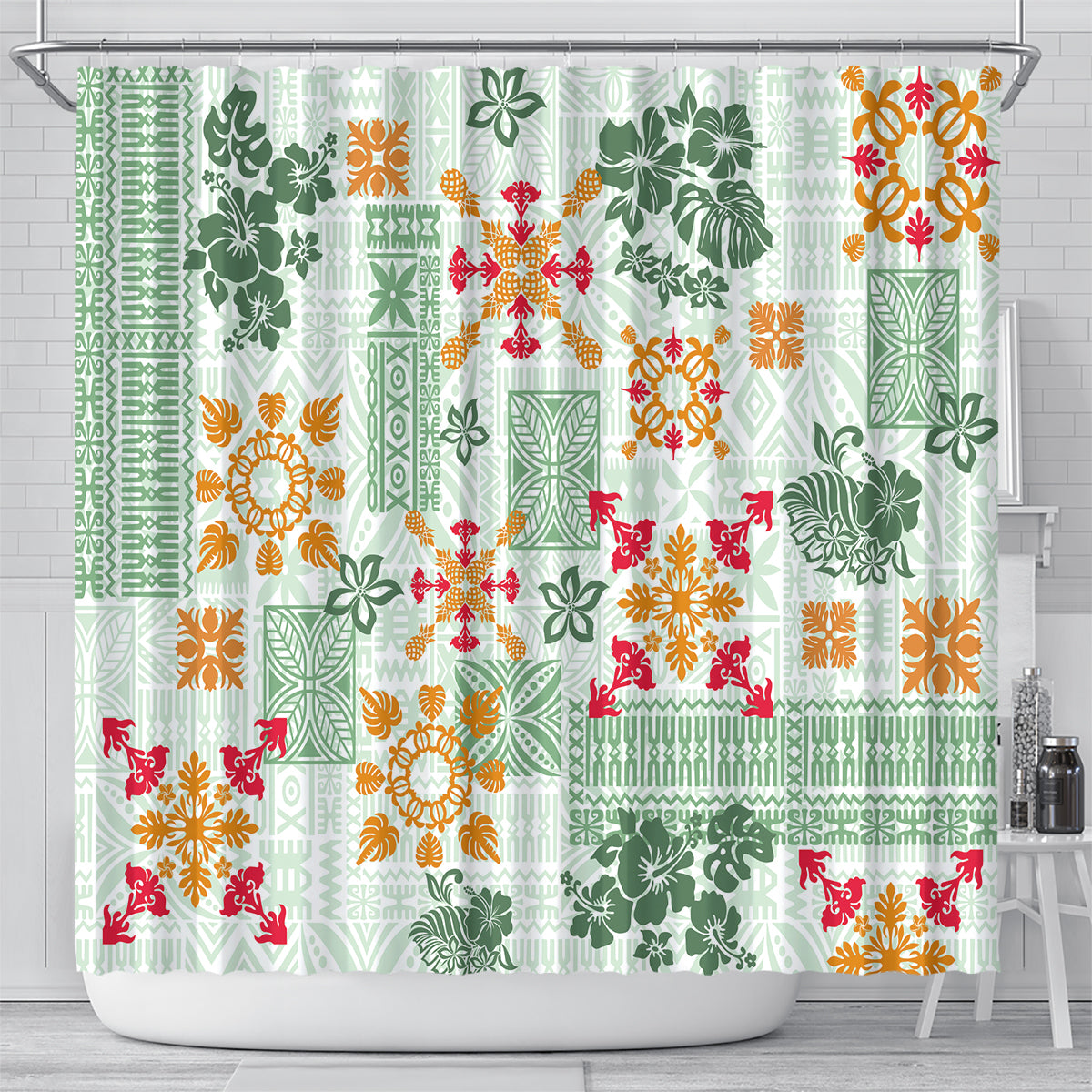 hawaii-tapa-tribal-shower-curtain-with-hawaiian-quilt-pattern-green
