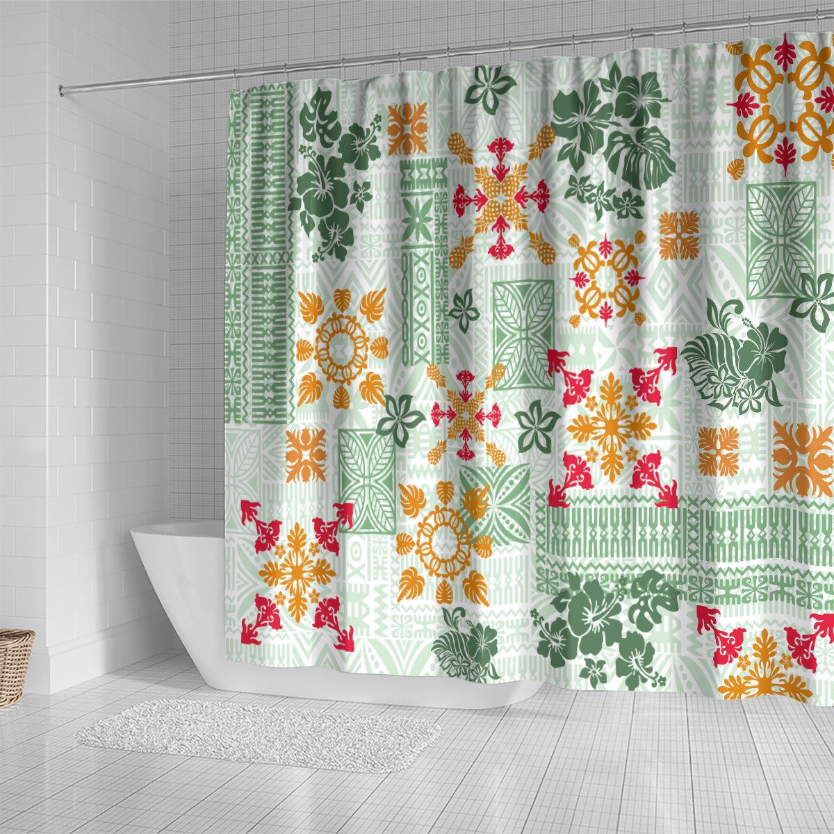 hawaii-tapa-tribal-shower-curtain-with-hawaiian-quilt-pattern-green