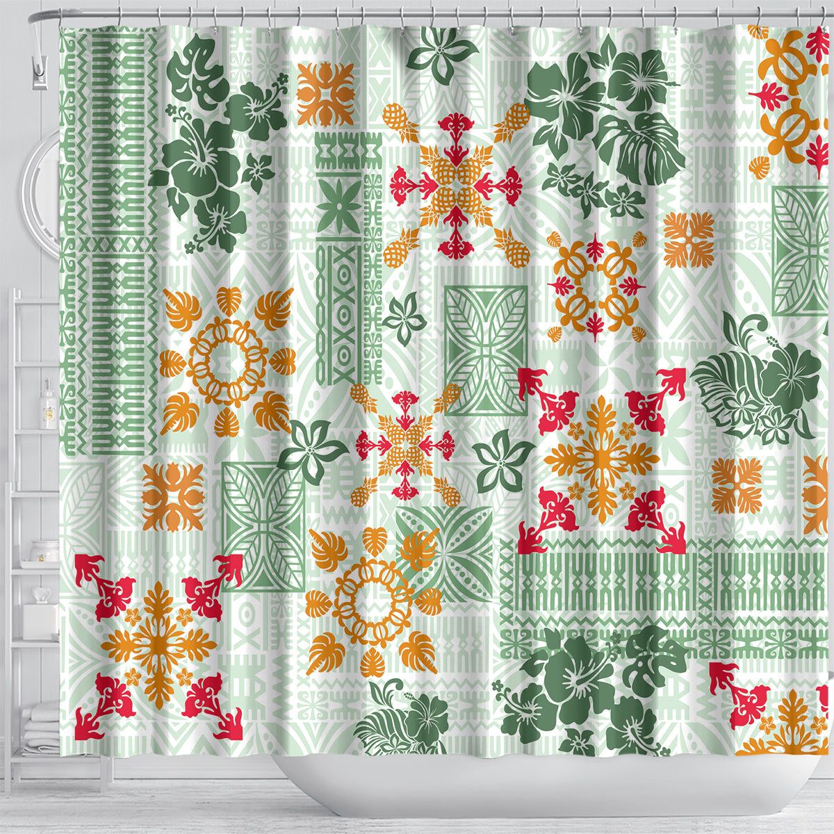 hawaii-tapa-tribal-shower-curtain-with-hawaiian-quilt-pattern-green
