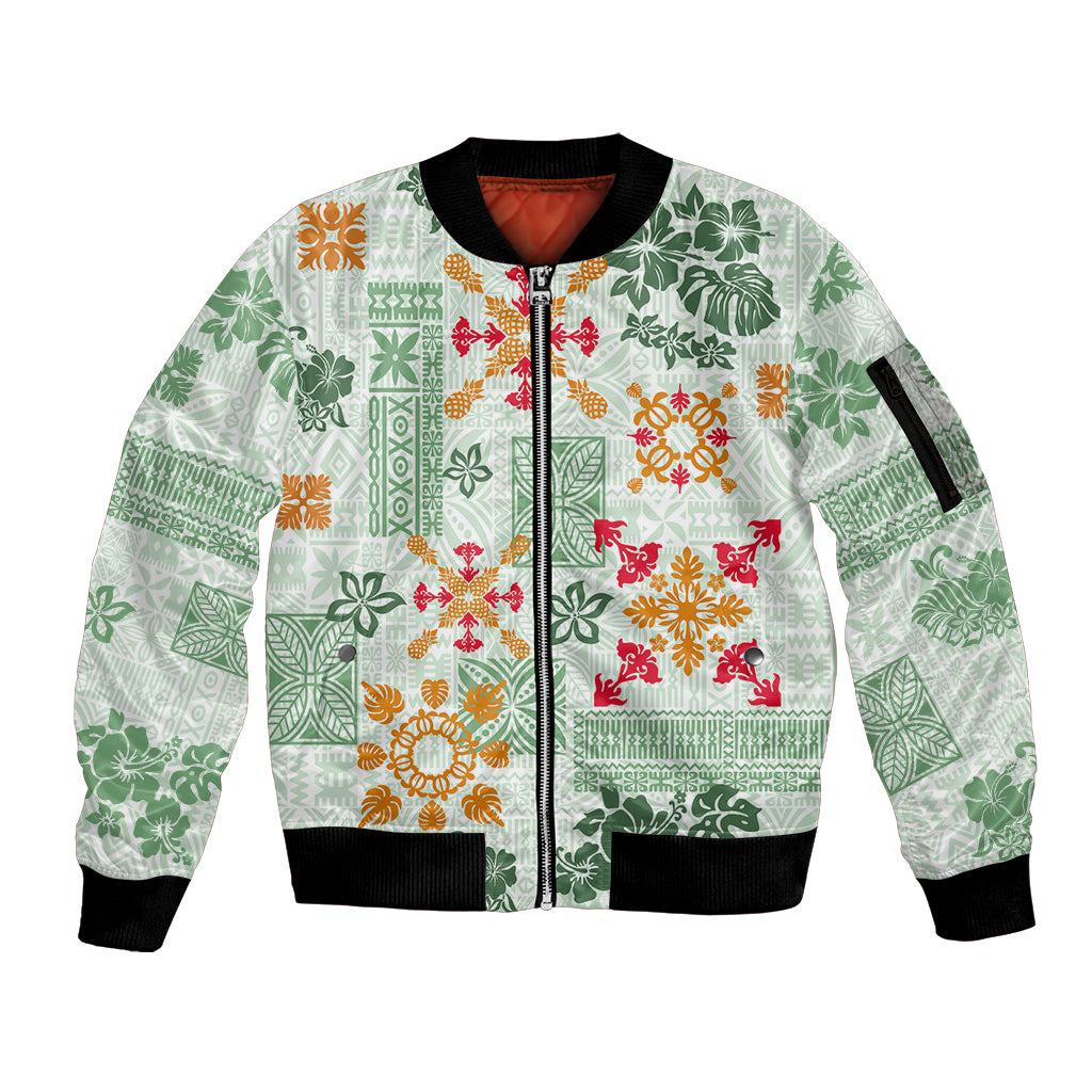 Hawaii Tapa Tribal Sleeve Zip Bomber Jacket With Hawaiian Quilt Pattern Green - Wonder Print Shop