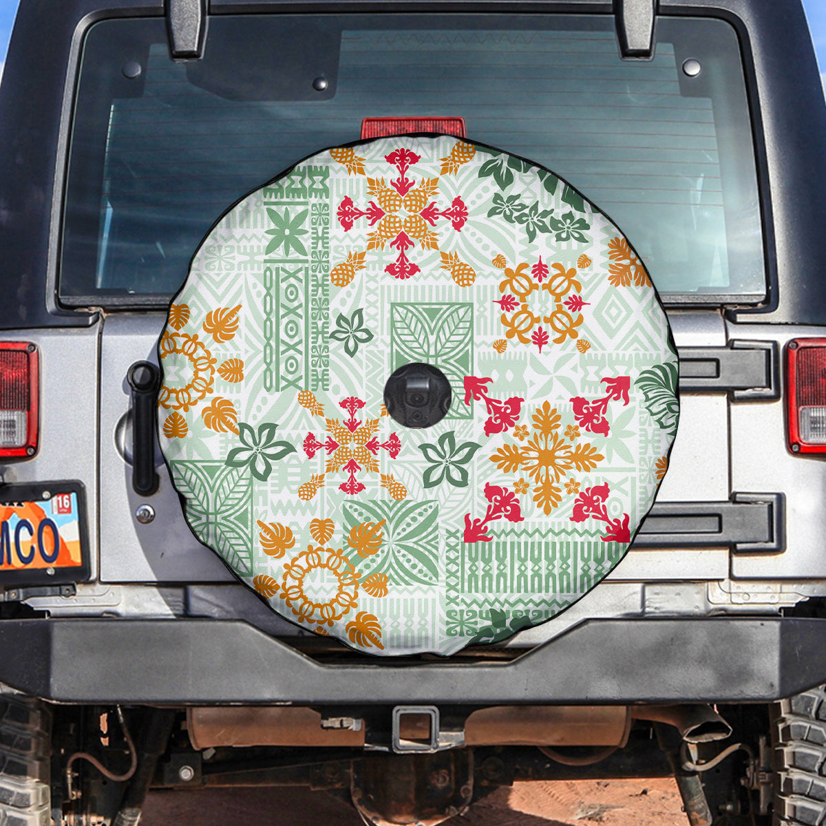 Hawaii Tapa Tribal Spare Tire Cover With Hawaiian Quilt Pattern Green - Wonder Print Shop