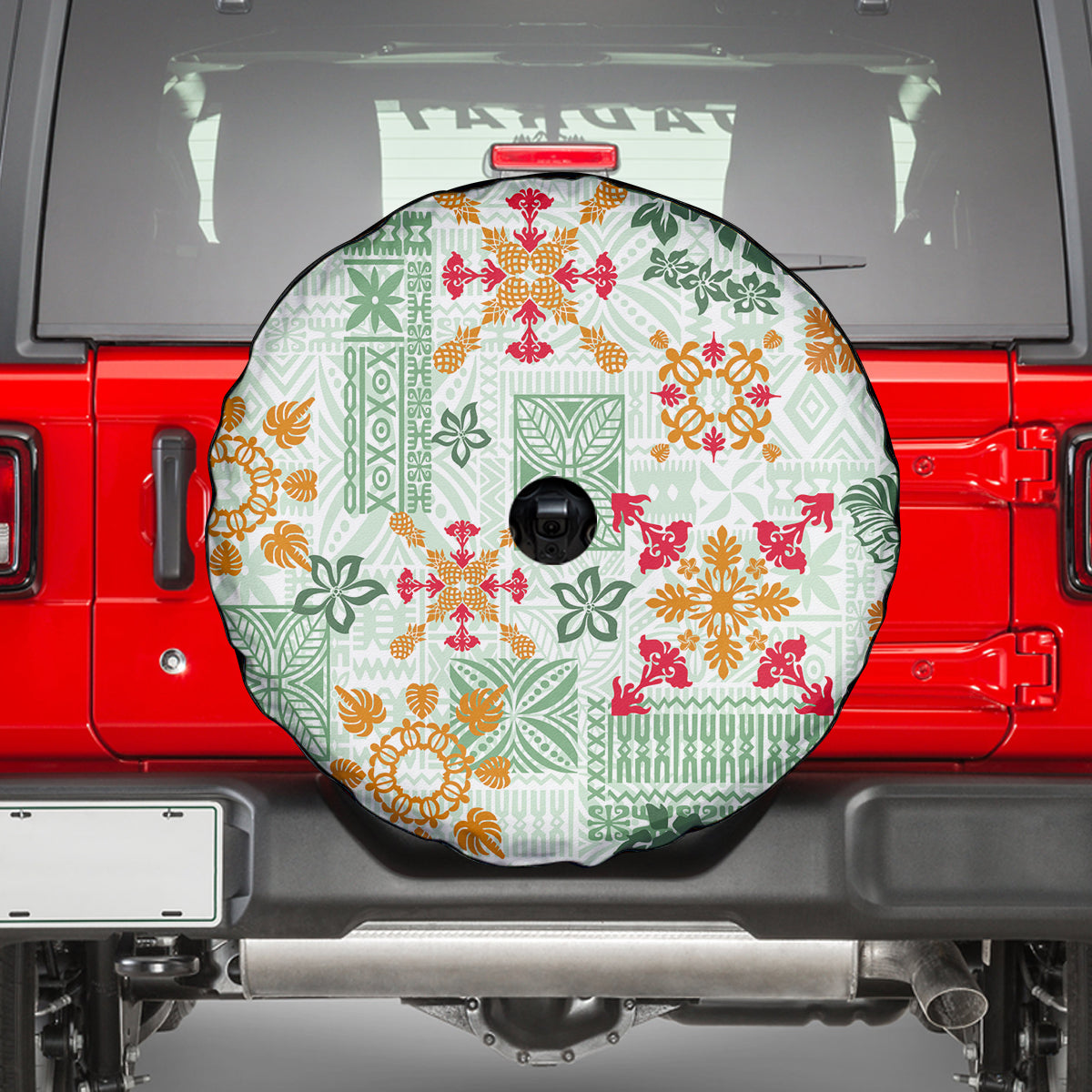 Hawaii Tapa Tribal Spare Tire Cover With Hawaiian Quilt Pattern Green - Wonder Print Shop