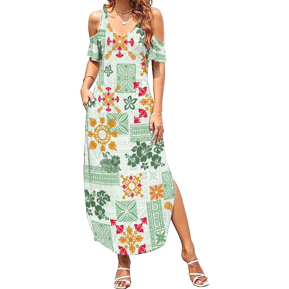 Hawaii Tapa Tribal Summer Maxi Dress With Hawaiian Quilt Pattern Green - Wonder Print Shop