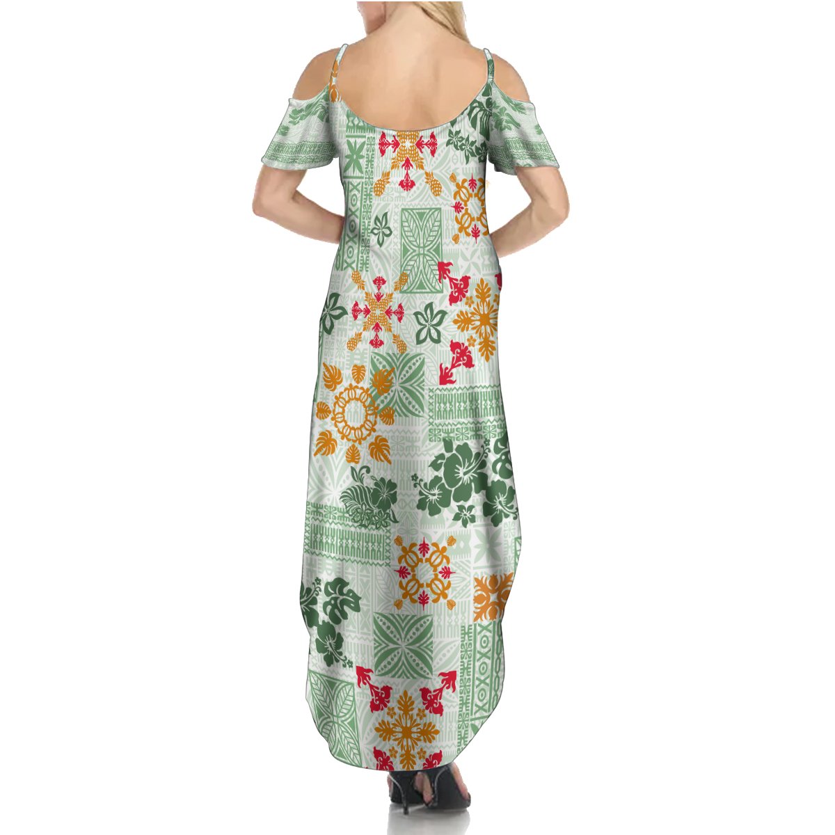 Hawaii Tapa Tribal Summer Maxi Dress With Hawaiian Quilt Pattern Green - Wonder Print Shop