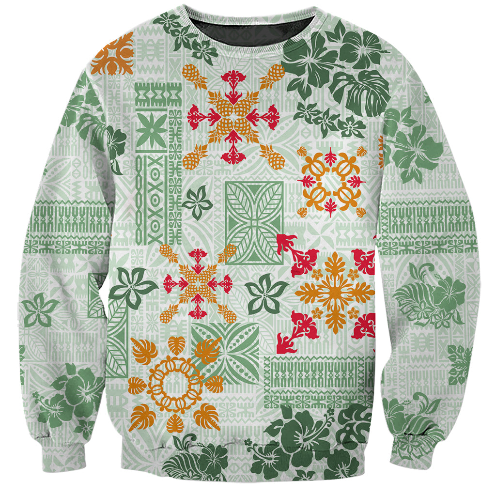 Hawaii Tapa Tribal Sweatshirt With Hawaiian Quilt Pattern Green - Wonder Print Shop