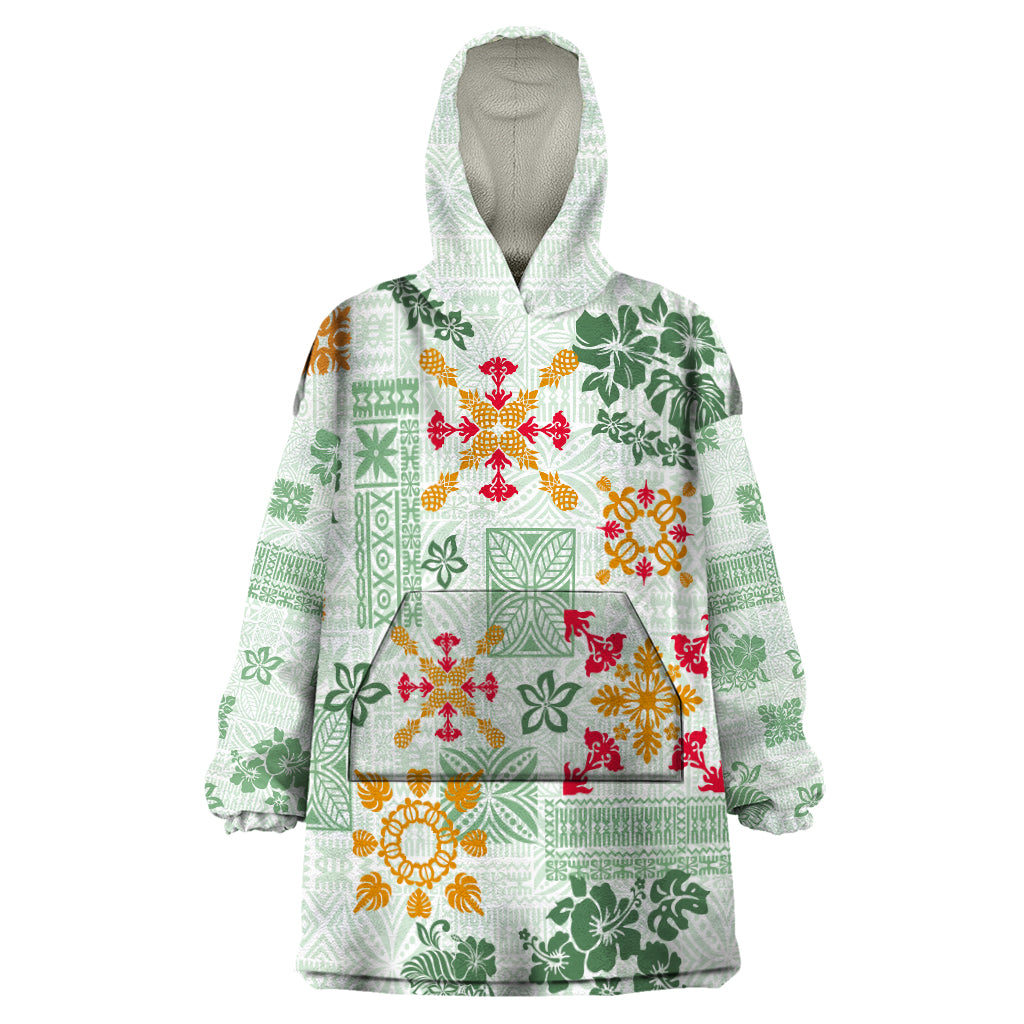 Hawaii Tapa Tribal Wearable Blanket Hoodie With Hawaiian Quilt Pattern Green - Wonder Print Shop
