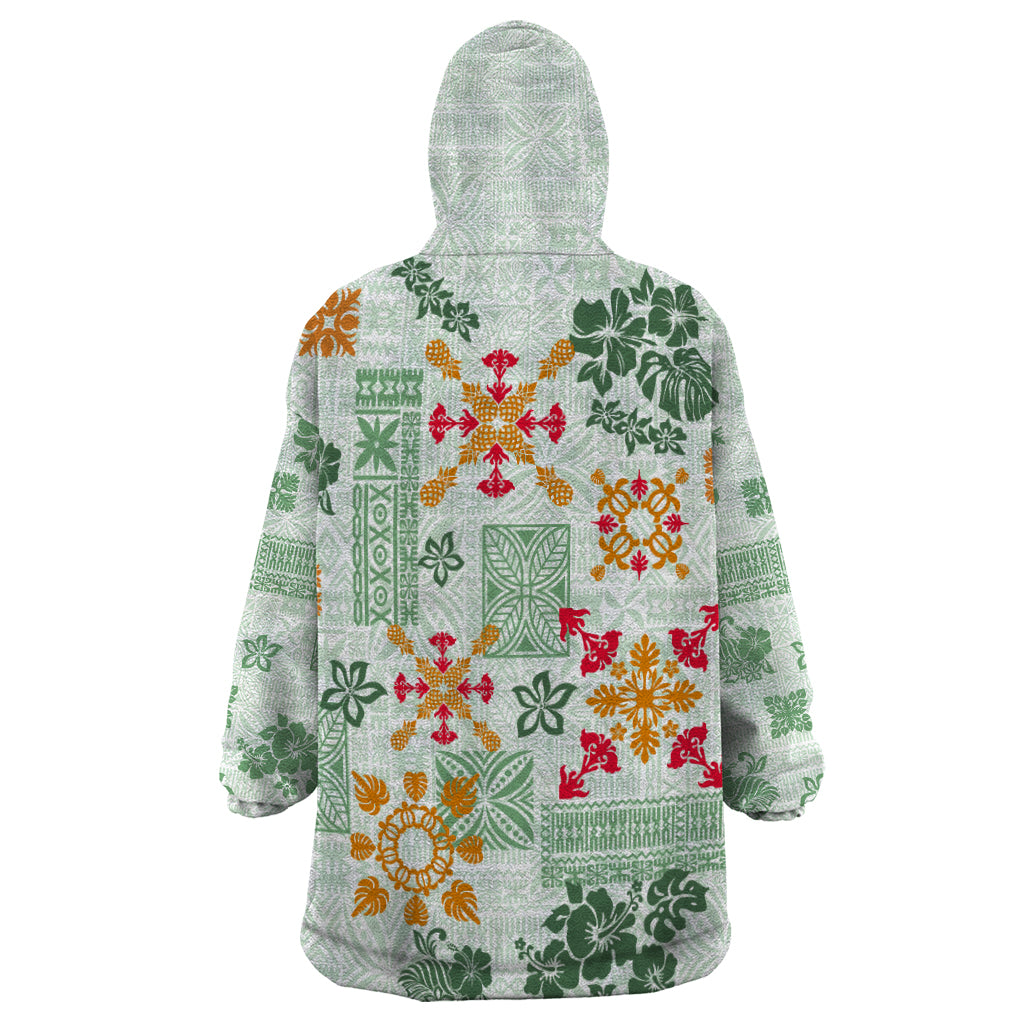 Hawaii Tapa Tribal Wearable Blanket Hoodie With Hawaiian Quilt Pattern Green - Wonder Print Shop