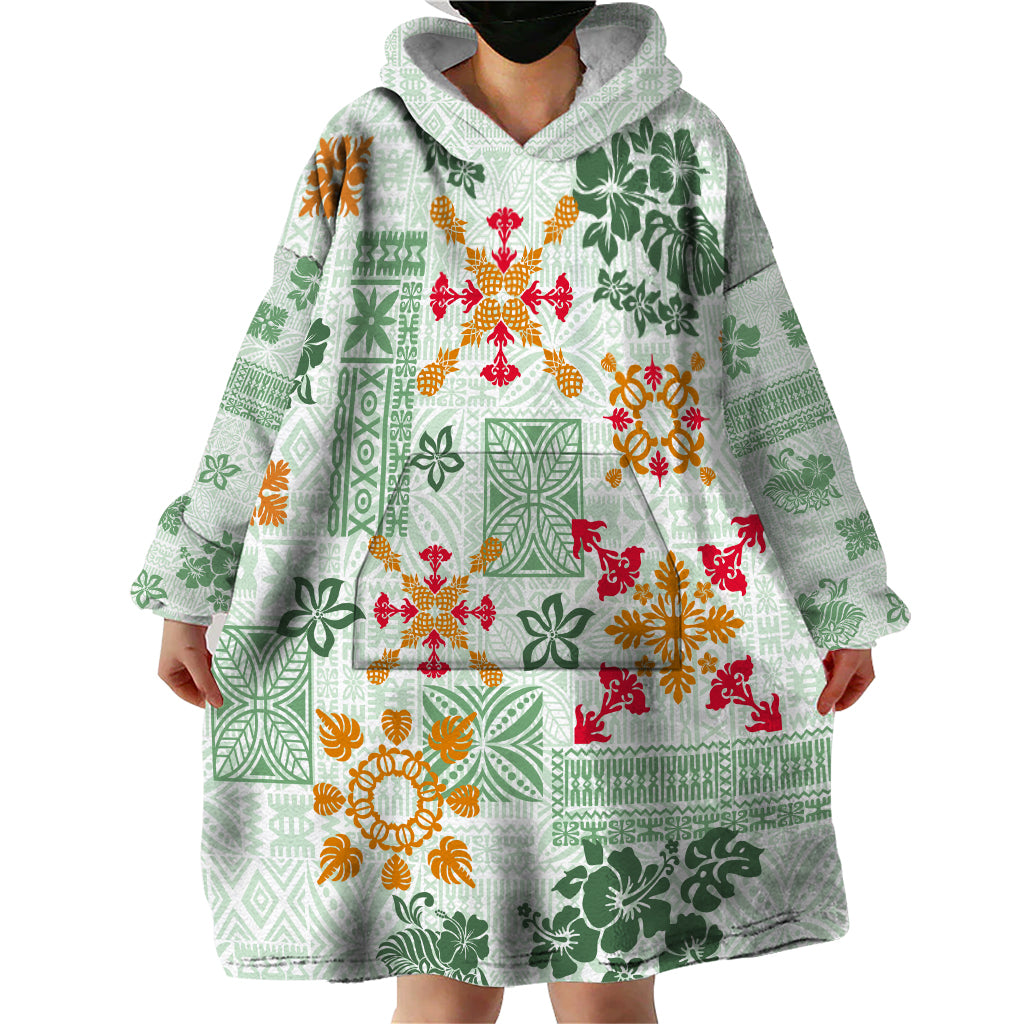 Hawaii Tapa Tribal Wearable Blanket Hoodie With Hawaiian Quilt Pattern Green - Wonder Print Shop