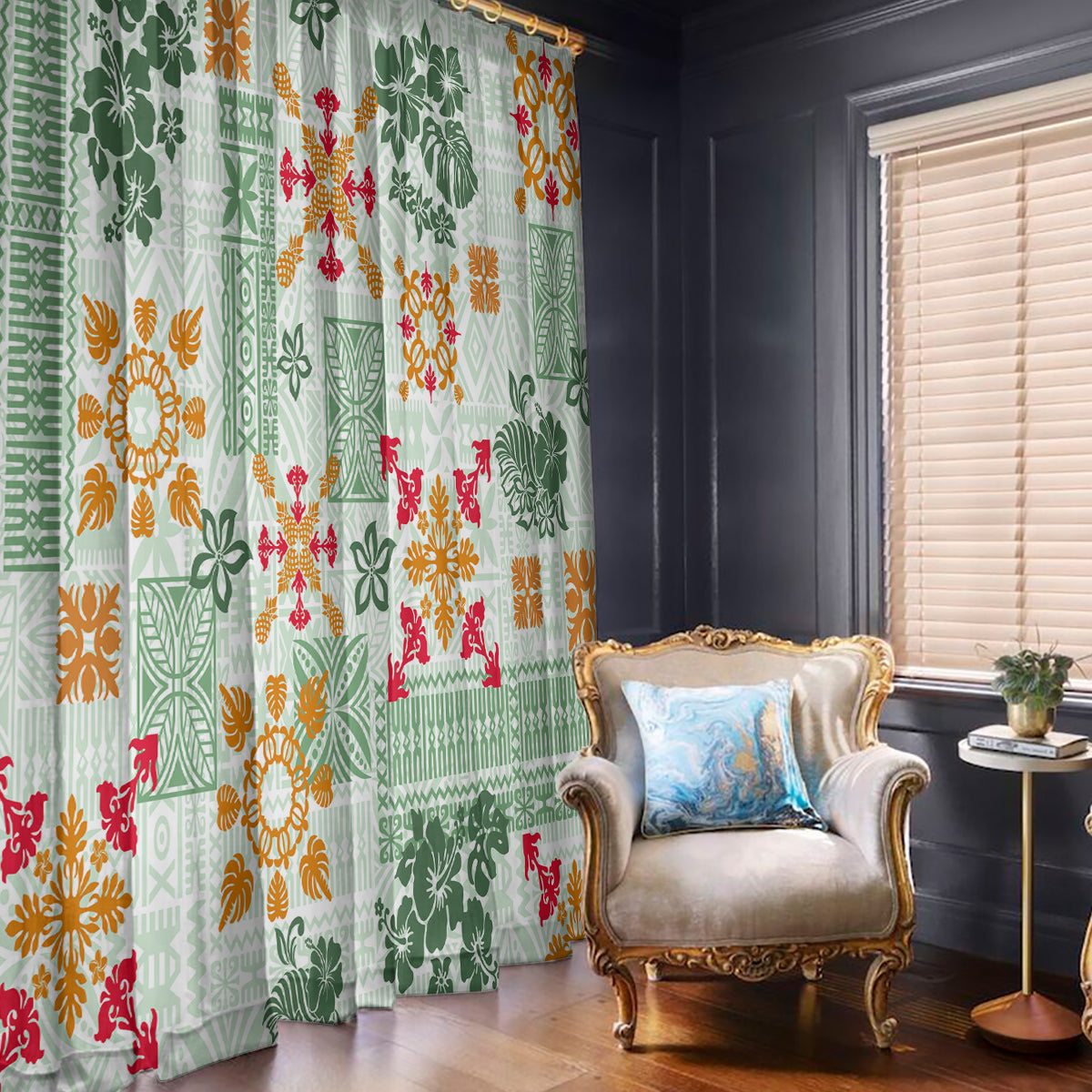 Hawaii Tapa Tribal Window Curtain With Hawaiian Quilt Pattern Green - Wonder Print Shop