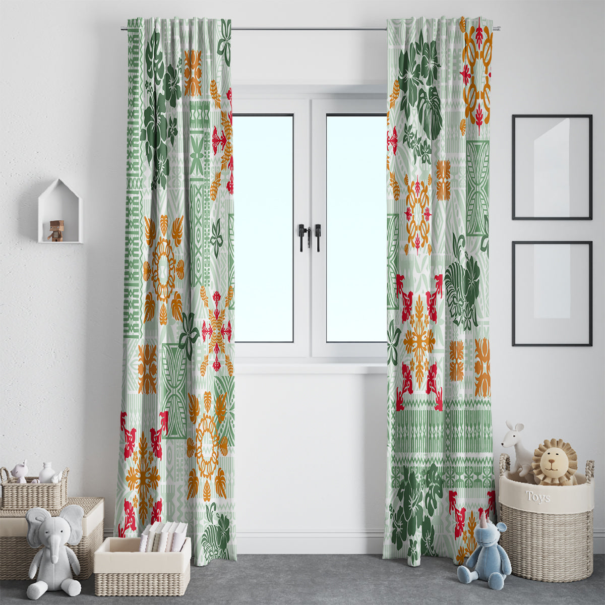 Hawaii Tapa Tribal Window Curtain With Hawaiian Quilt Pattern Green - Wonder Print Shop