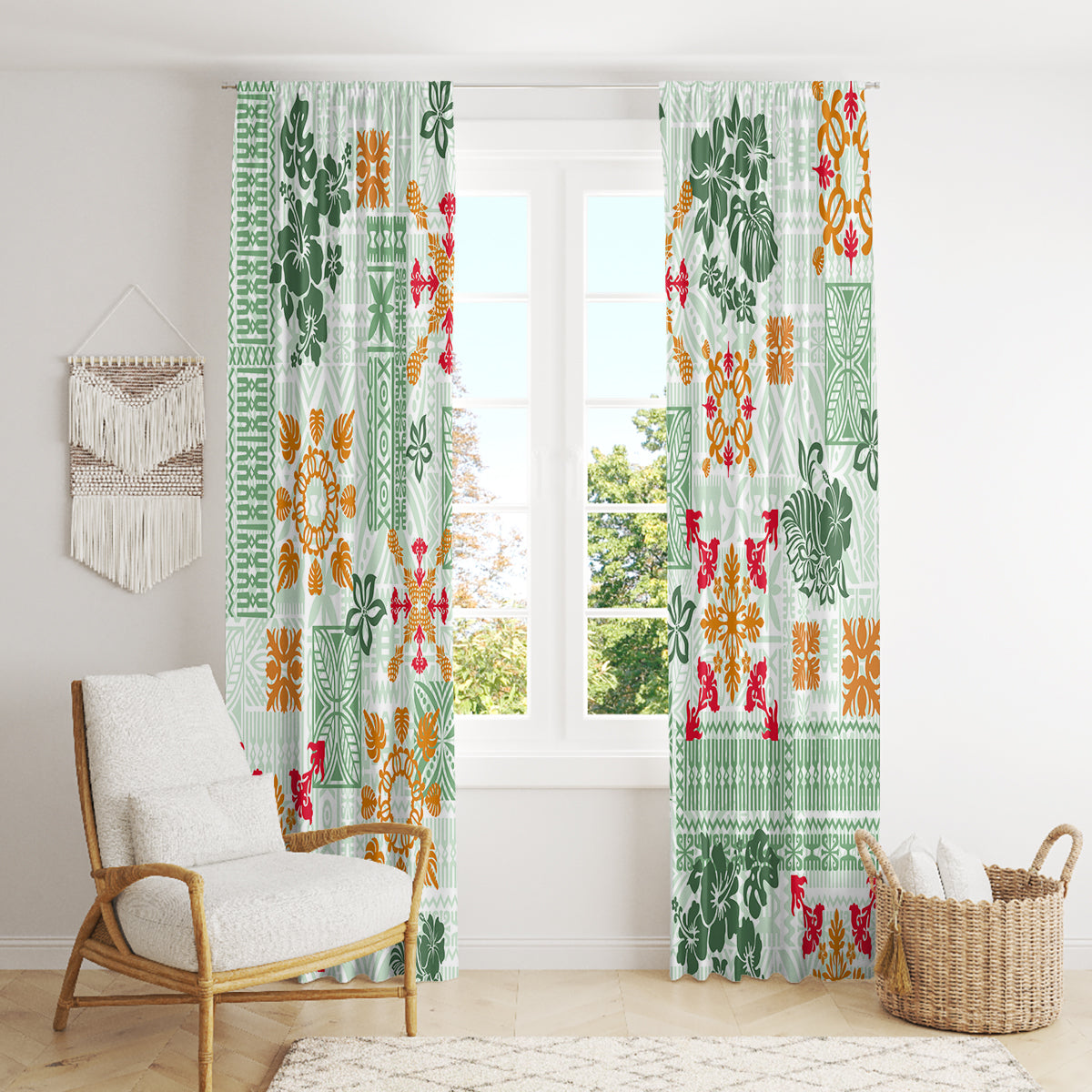 Hawaii Tapa Tribal Window Curtain With Hawaiian Quilt Pattern Green - Wonder Print Shop