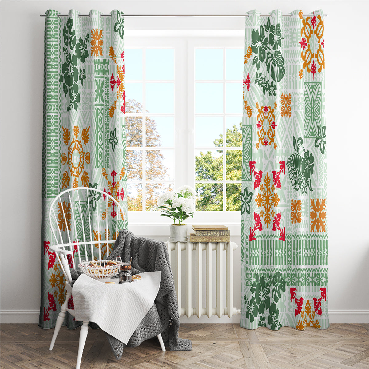 Hawaii Tapa Tribal Window Curtain With Hawaiian Quilt Pattern Green - Wonder Print Shop