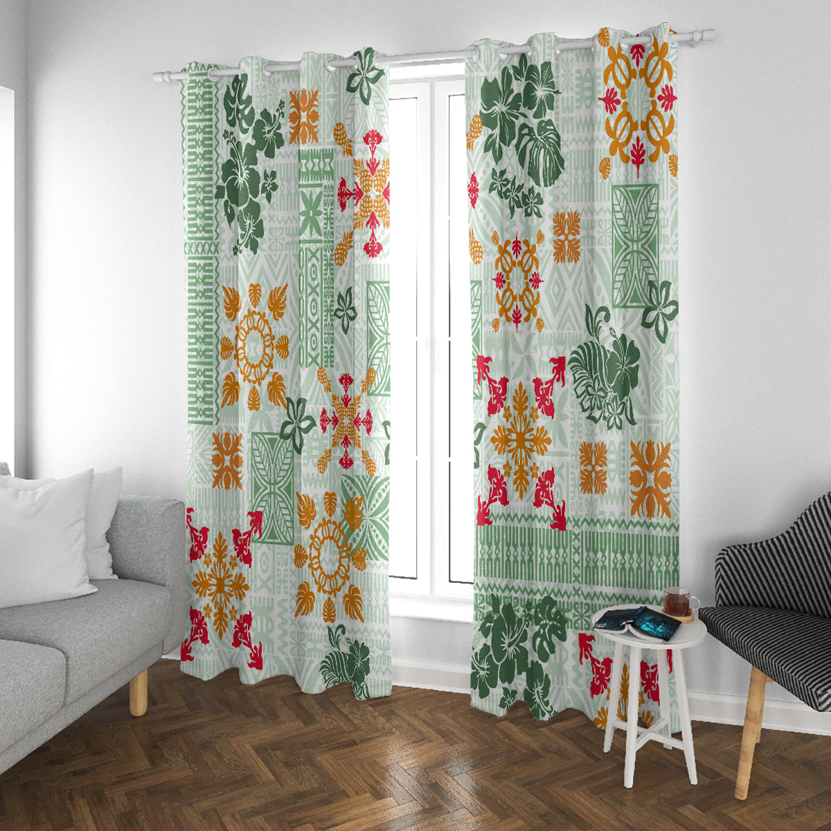 Hawaii Tapa Tribal Window Curtain With Hawaiian Quilt Pattern Green - Wonder Print Shop