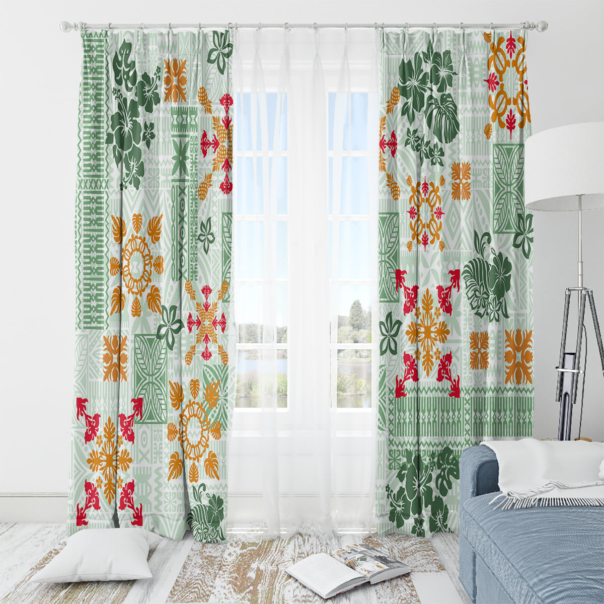 Hawaii Tapa Tribal Window Curtain With Hawaiian Quilt Pattern Green - Wonder Print Shop