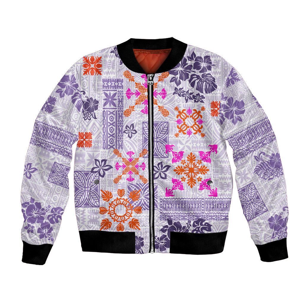 Hawaii Tapa Tribal Bomber Jacket With Hawaiian Quilt Pattern Violet LT9 - Wonder Print Shop