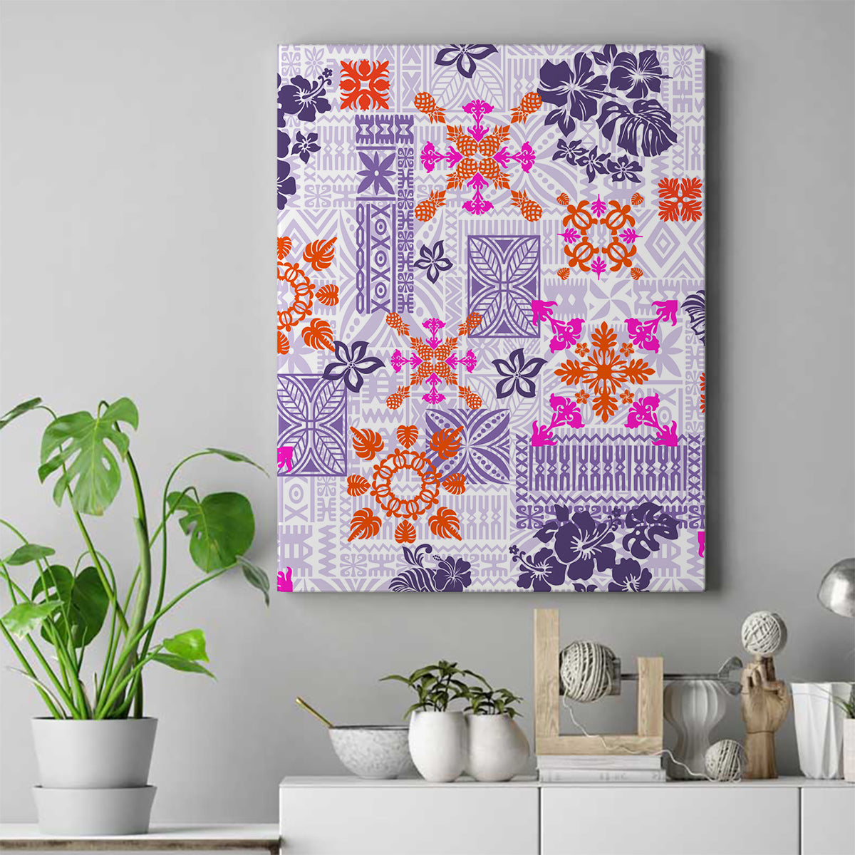 Hawaii Tapa Tribal Canvas Wall Art With Hawaiian Quilt Pattern Violet LT9 - Wonder Print Shop
