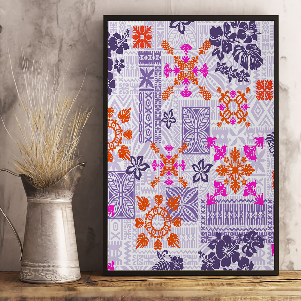 Hawaii Tapa Tribal Canvas Wall Art With Hawaiian Quilt Pattern Violet LT9 - Wonder Print Shop