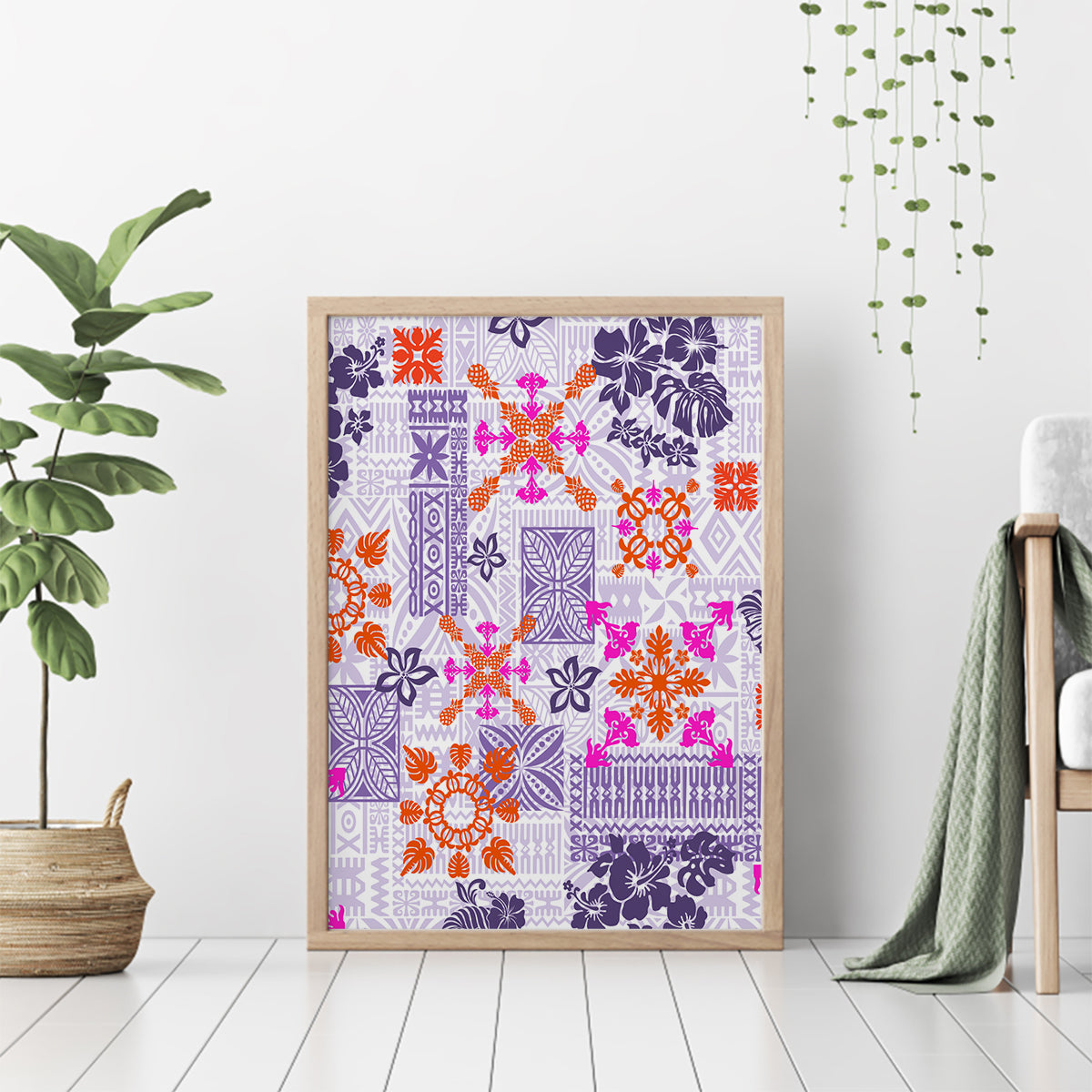 Hawaii Tapa Tribal Canvas Wall Art With Hawaiian Quilt Pattern Violet LT9 - Wonder Print Shop