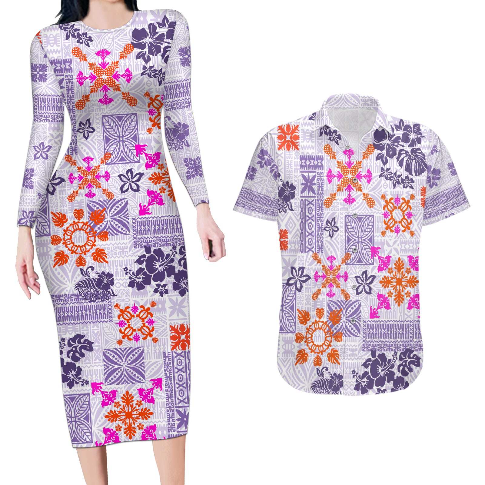 Hawaii Tapa Tribal Couples Matching Long Sleeve Bodycon Dress and Hawaiian Shirt With Hawaiian Quilt Pattern Violet LT9 - Wonder Print Shop