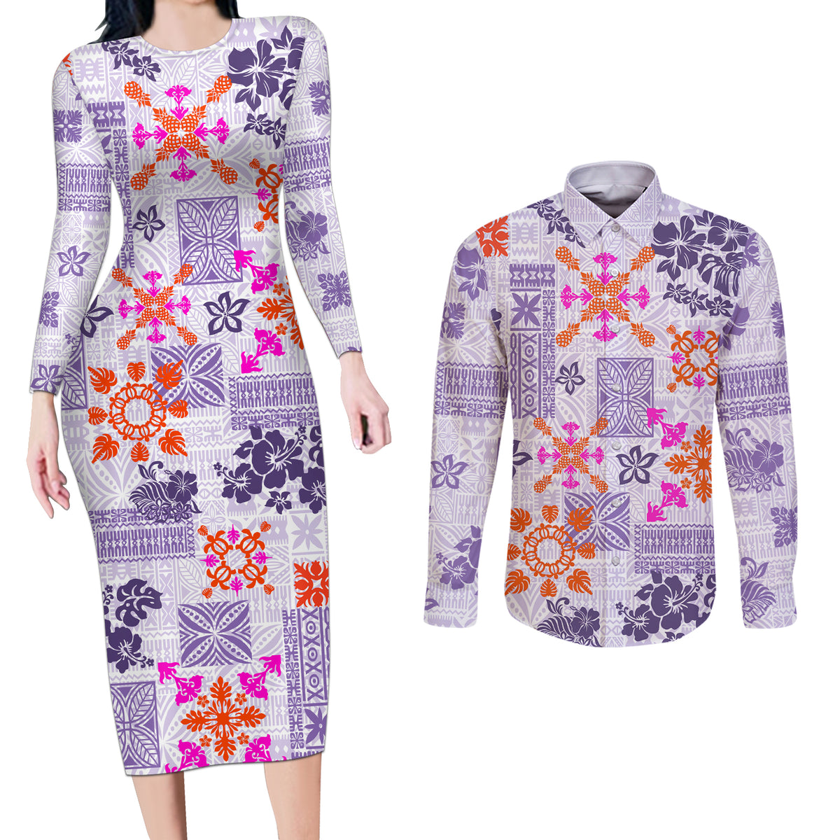 Hawaii Tapa Tribal Couples Matching Long Sleeve Bodycon Dress and Long Sleeve Button Shirt With Hawaiian Quilt Pattern Violet LT9 - Wonder Print Shop