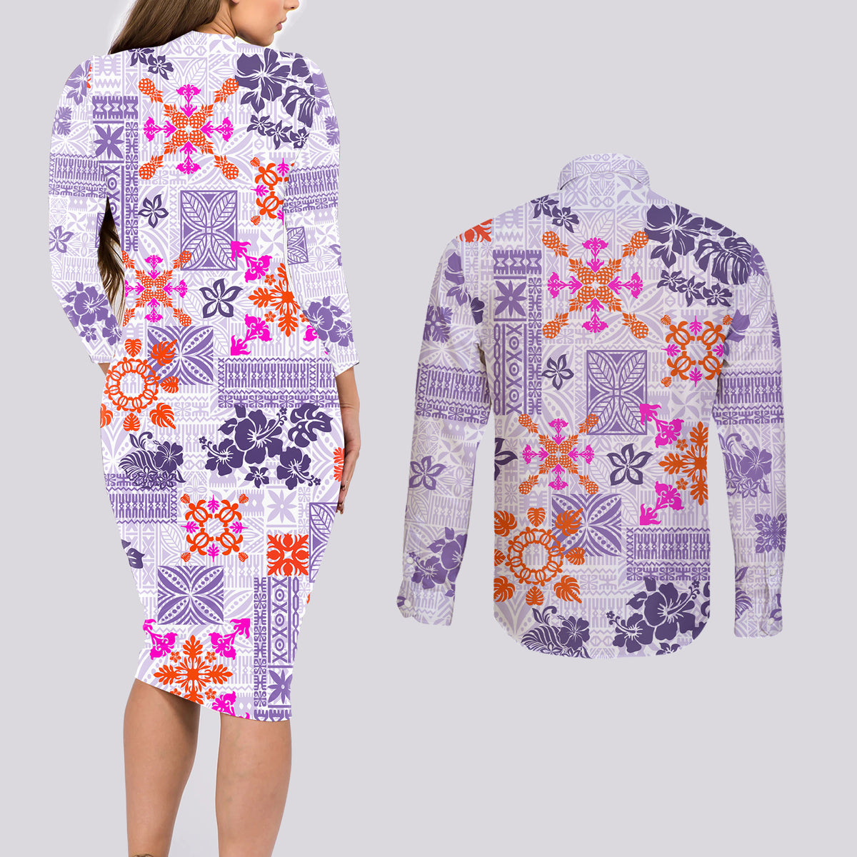 Hawaii Tapa Tribal Couples Matching Long Sleeve Bodycon Dress and Long Sleeve Button Shirt With Hawaiian Quilt Pattern Violet LT9 - Wonder Print Shop