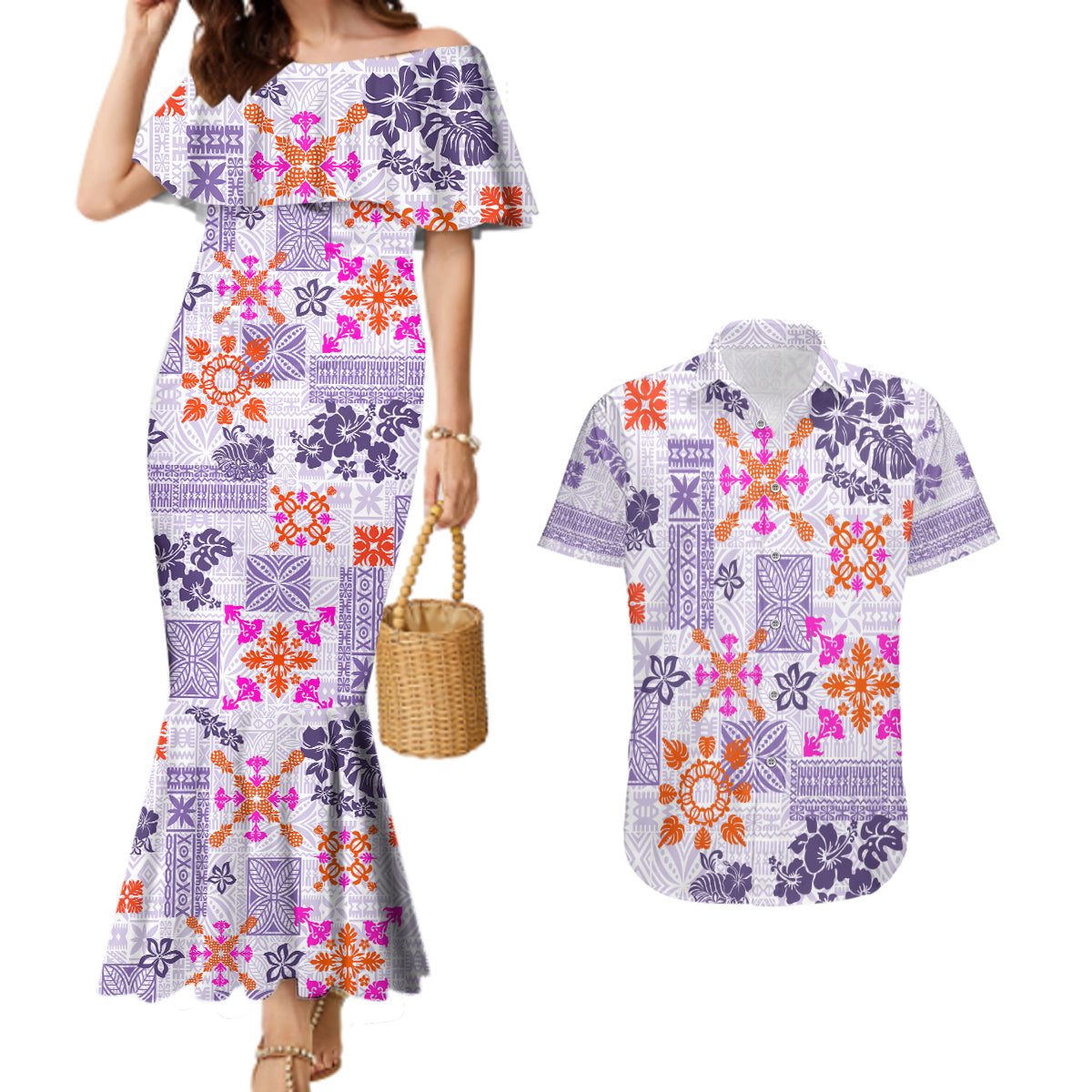 Hawaii Tapa Tribal Couples Matching Mermaid Dress and Hawaiian Shirt With Hawaiian Quilt Pattern Violet LT9 - Wonder Print Shop