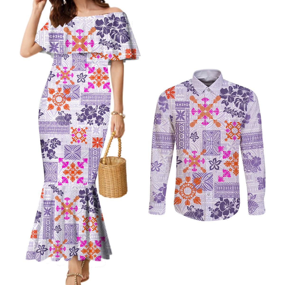 hawaii-tapa-tribal-couples-matching-mermaid-dress-and-long-sleeve-button-shirt-with-hawaiian-quilt-pattern-violet