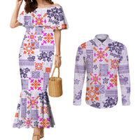 hawaii-tapa-tribal-couples-matching-mermaid-dress-and-long-sleeve-button-shirt-with-hawaiian-quilt-pattern-violet