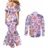 hawaii-tapa-tribal-couples-matching-mermaid-dress-and-long-sleeve-button-shirt-with-hawaiian-quilt-pattern-violet