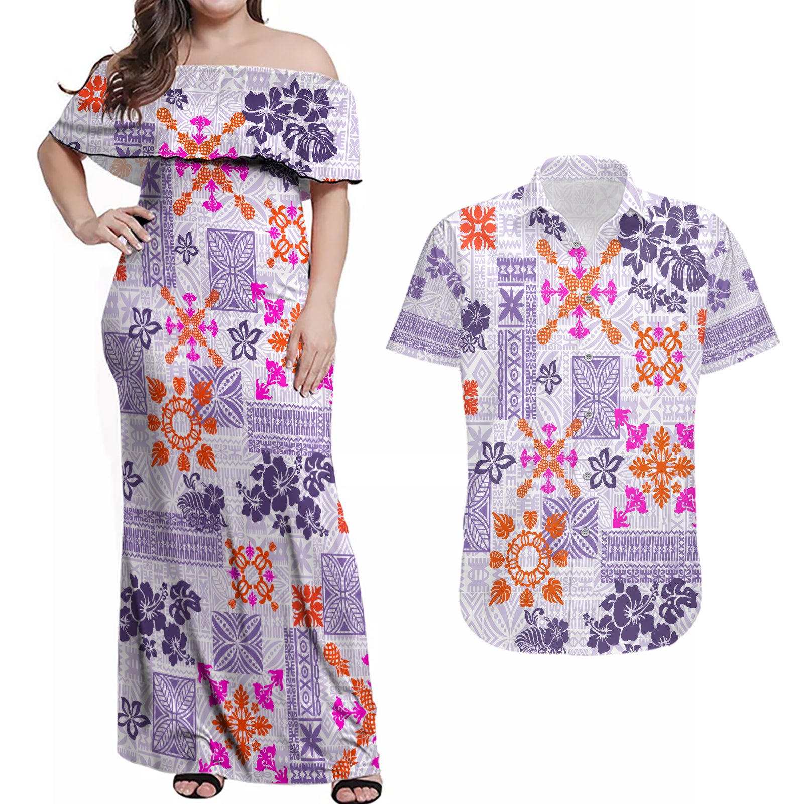 Hawaii Tapa Tribal Couples Matching Off Shoulder Maxi Dress and Hawaiian Shirt With Hawaiian Quilt Pattern Violet LT9 - Wonder Print Shop