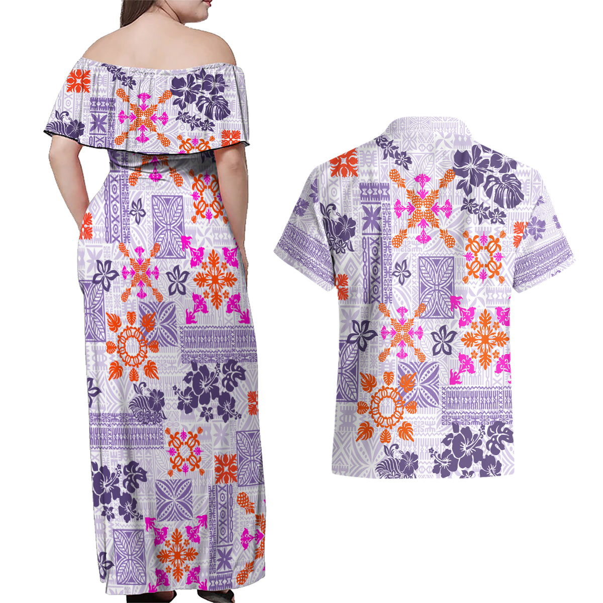 Hawaii Tapa Tribal Couples Matching Off Shoulder Maxi Dress and Hawaiian Shirt With Hawaiian Quilt Pattern Violet LT9 - Wonder Print Shop