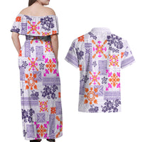 Hawaii Tapa Tribal Couples Matching Off Shoulder Maxi Dress and Hawaiian Shirt With Hawaiian Quilt Pattern Violet LT9 - Wonder Print Shop