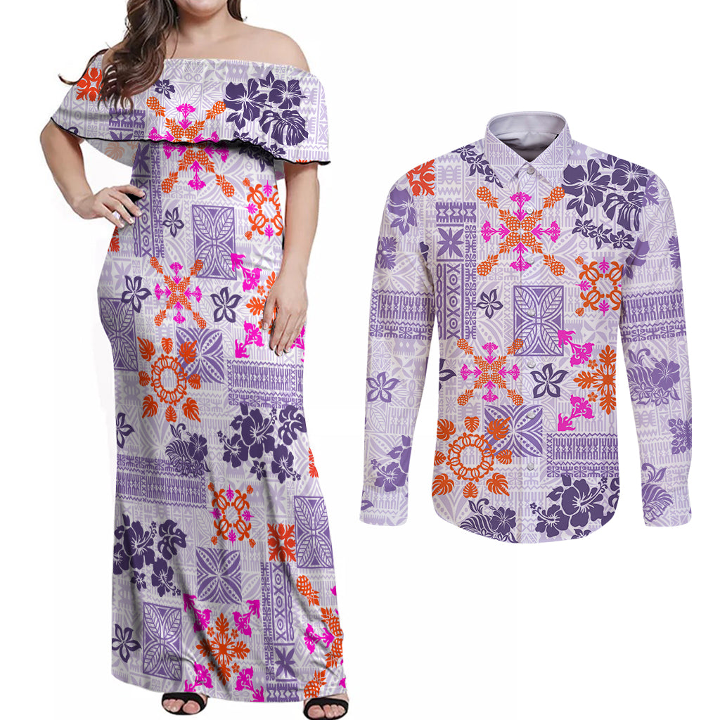 Hawaii Tapa Tribal Couples Matching Off Shoulder Maxi Dress and Long Sleeve Button Shirt With Hawaiian Quilt Pattern Violet LT9 - Wonder Print Shop