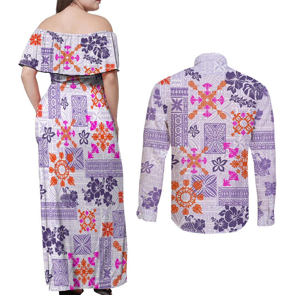Hawaii Tapa Tribal Couples Matching Off Shoulder Maxi Dress and Long Sleeve Button Shirt With Hawaiian Quilt Pattern Violet LT9 - Wonder Print Shop