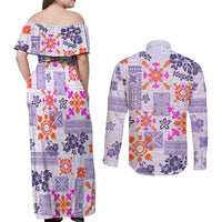 Hawaii Tapa Tribal Couples Matching Off Shoulder Maxi Dress and Long Sleeve Button Shirt With Hawaiian Quilt Pattern Violet LT9 - Wonder Print Shop