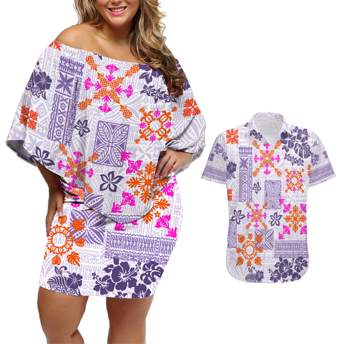 Hawaii Tapa Tribal Couples Matching Off Shoulder Short Dress and Hawaiian Shirt With Hawaiian Quilt Pattern Violet LT9 - Wonder Print Shop