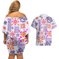 Hawaii Tapa Tribal Couples Matching Off Shoulder Short Dress and Hawaiian Shirt With Hawaiian Quilt Pattern Violet LT9 - Wonder Print Shop