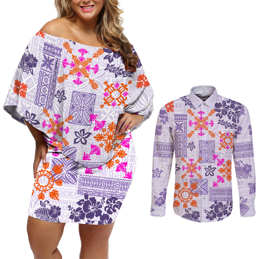 Hawaii Tapa Tribal Couples Matching Off Shoulder Short Dress and Long Sleeve Button Shirt With Hawaiian Quilt Pattern Violet LT9 - Wonder Print Shop