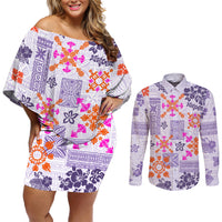 Hawaii Tapa Tribal Couples Matching Off Shoulder Short Dress and Long Sleeve Button Shirt With Hawaiian Quilt Pattern Violet LT9 - Wonder Print Shop