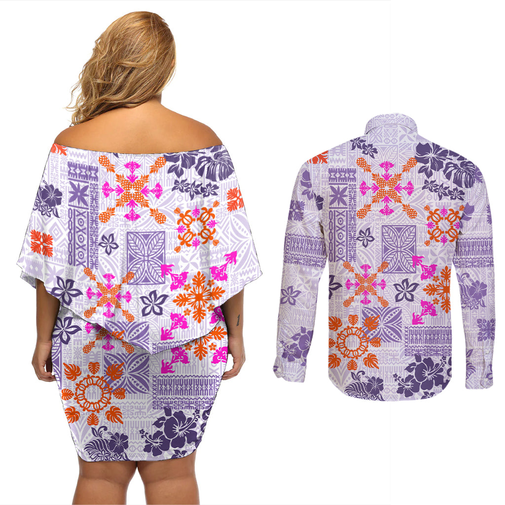 Hawaii Tapa Tribal Couples Matching Off Shoulder Short Dress and Long Sleeve Button Shirt With Hawaiian Quilt Pattern Violet LT9 - Wonder Print Shop