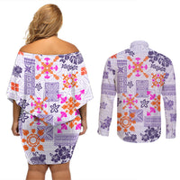 Hawaii Tapa Tribal Couples Matching Off Shoulder Short Dress and Long Sleeve Button Shirt With Hawaiian Quilt Pattern Violet LT9 - Wonder Print Shop