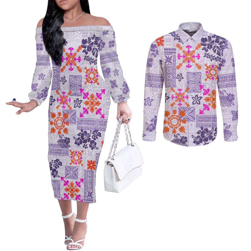 hawaii-tapa-tribal-couples-matching-off-the-shoulder-long-sleeve-dress-and-long-sleeve-button-shirt-with-hawaiian-quilt-pattern-violet