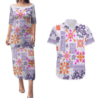 Hawaii Tapa Tribal Couples Matching Puletasi Dress and Hawaiian Shirt With Hawaiian Quilt Pattern Violet LT9 - Wonder Print Shop