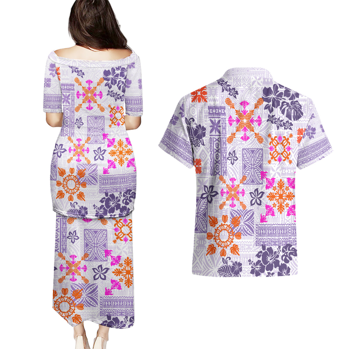 Hawaii Tapa Tribal Couples Matching Puletasi Dress and Hawaiian Shirt With Hawaiian Quilt Pattern Violet LT9 - Wonder Print Shop