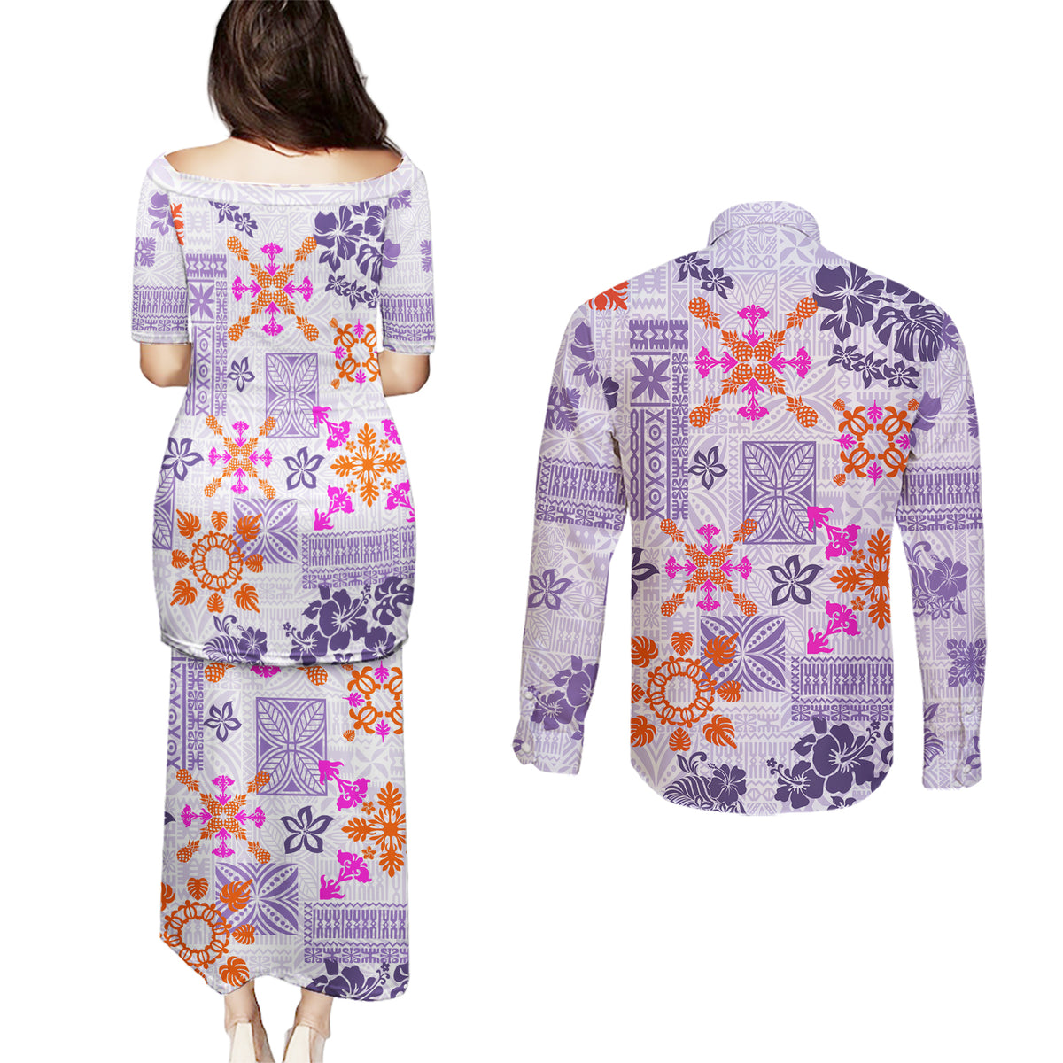 Hawaii Tapa Tribal Couples Matching Puletasi Dress and Long Sleeve Button Shirt With Hawaiian Quilt Pattern Violet LT9 - Wonder Print Shop