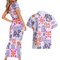 Hawaii Tapa Tribal Couples Matching Short Sleeve Bodycon Dress and Hawaiian Shirt With Hawaiian Quilt Pattern Violet LT9 - Wonder Print Shop