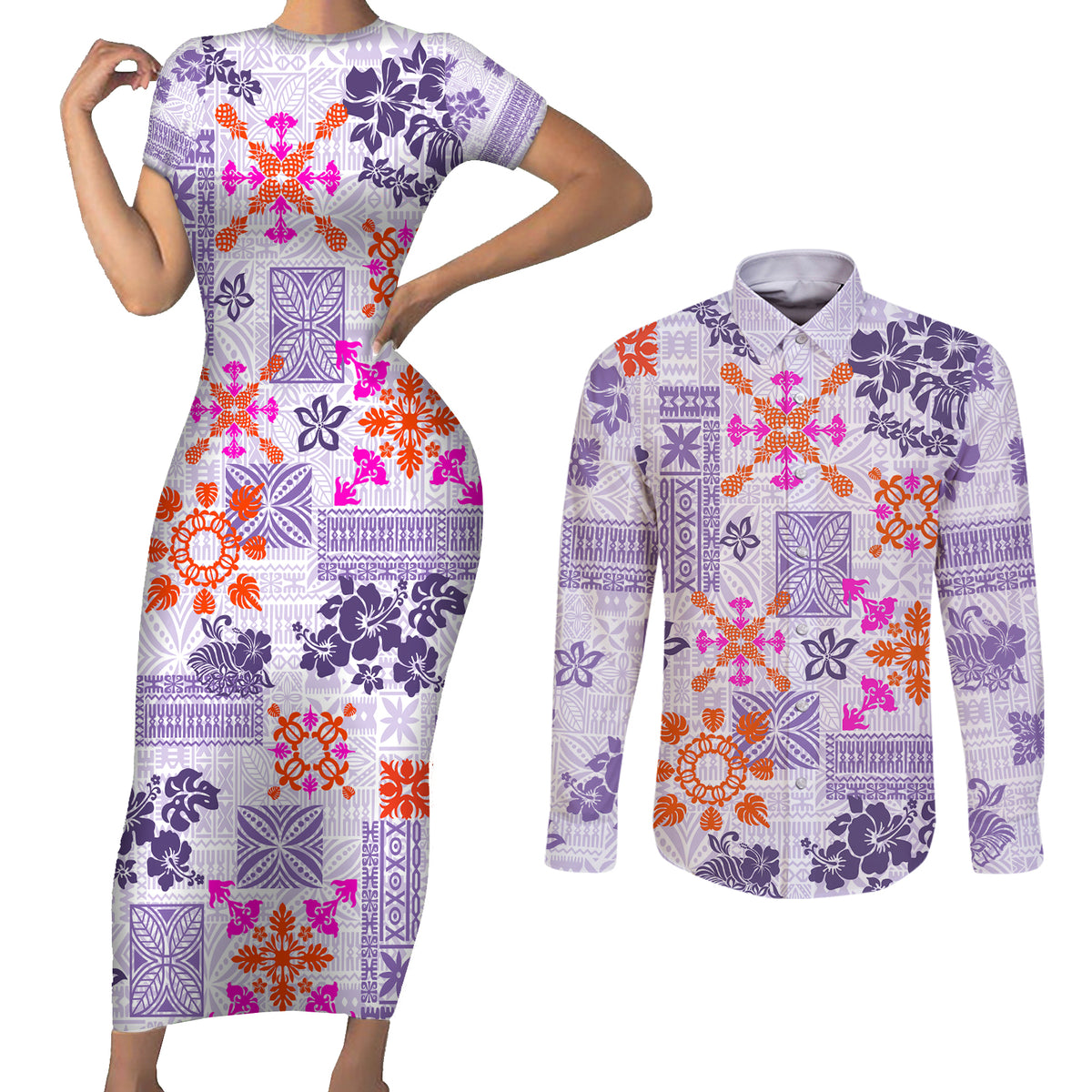 Hawaii Tapa Tribal Couples Matching Short Sleeve Bodycon Dress and Long Sleeve Button Shirt With Hawaiian Quilt Pattern Violet LT9 - Wonder Print Shop