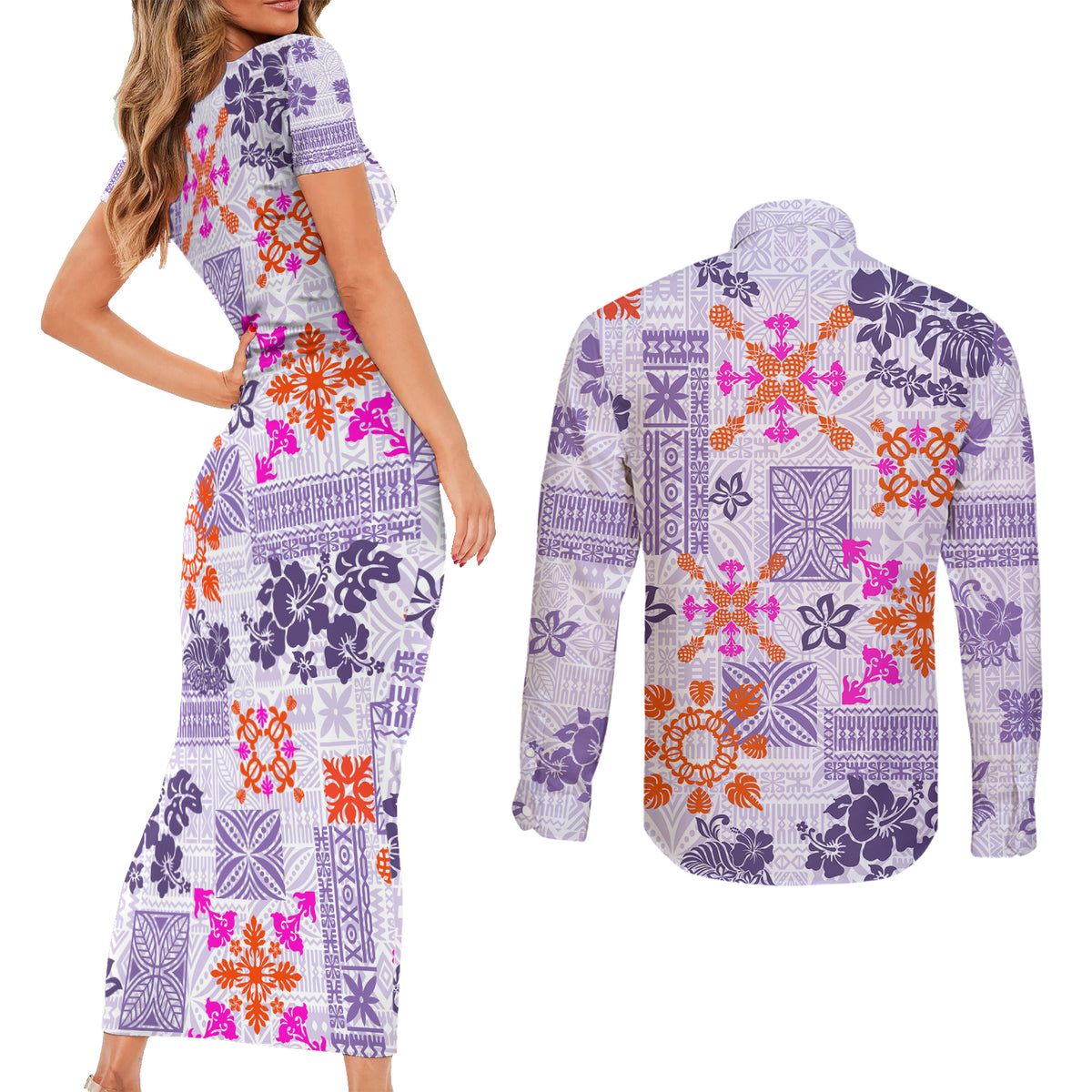 Hawaii Tapa Tribal Couples Matching Short Sleeve Bodycon Dress and Long Sleeve Button Shirt With Hawaiian Quilt Pattern Violet LT9 - Wonder Print Shop